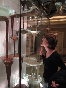 Licking the chocolate fountain at Bellagio
